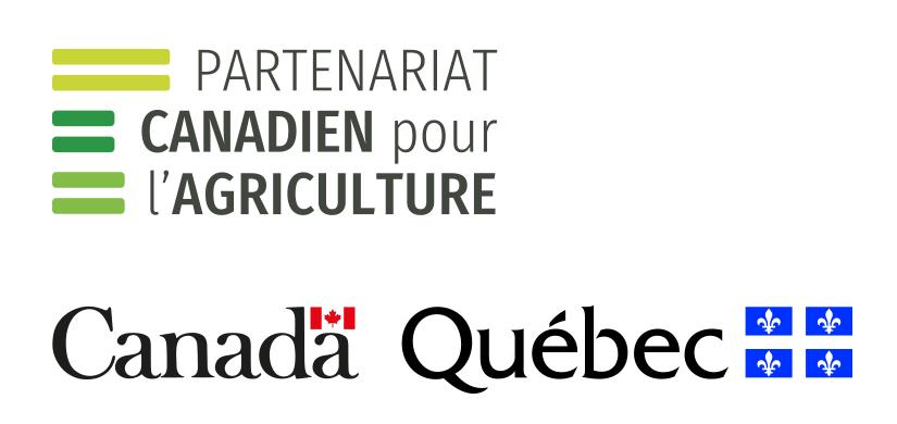 Ce projet est financé par l’entremise du programme Innov’Action agroalimentaire, en vertu du Partenariat canadien pour l’agriculture, entente conclue entre les gouvernements du Canada et du Québec.